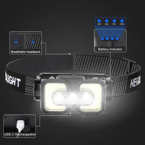Vista 5 de Linterna frontal recargable con sensor de movimiento, impermeable, LED, recargable, con luz roja, ajustable en 120°, para adultos, niños, al aire
