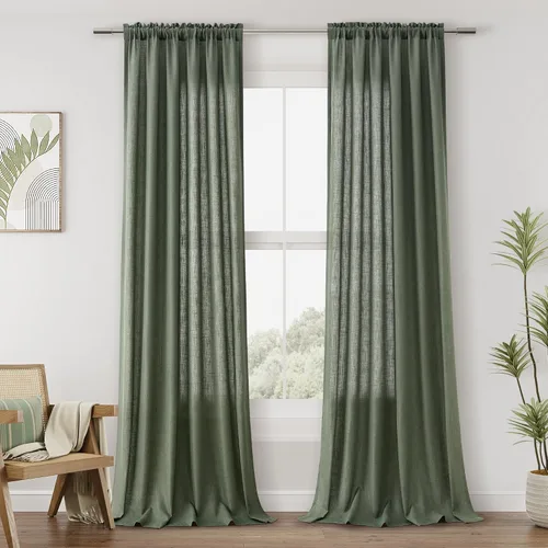 Vista 126 de Cortinas de lino verde aguamarina de 84 pulgadas de largo, juego de 2 paneles semitransparentes con bolsillo para barra para comedor, decoración