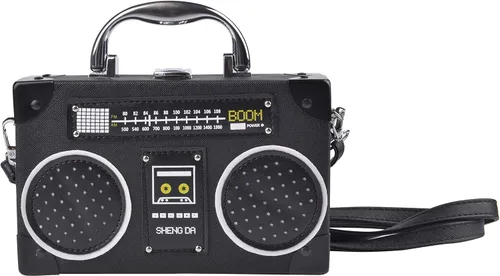 Vista 11 de QZUnique Bolso de hombro en forma de cinta con grabador de radio PU Crossbody bolso de noche retro para mujer, bolso de mano
