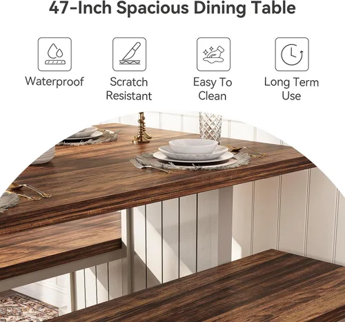 Vista 6 de LITTLE TREE Juego de mesa de comedor para 4 personas con 2 bancos, mesa de cocina moderna con tablero de MDF, comedor que ahorra espacio