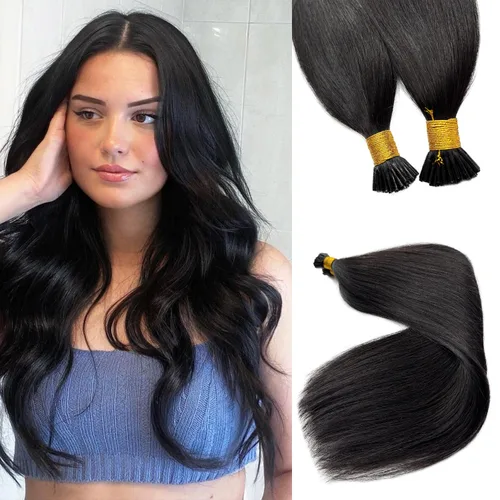 Vista 14 de Extensiones de Cabello Micro Link Negro Extensiones de Cabello Micro Loop Cabello Humano Real Paquetes Sin Trama Fusión Fría 50s 50g #1 Negro M#Jet