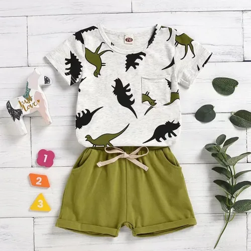 Vista 4 de Conjunto de camiseta y pantalones cortos de dinosaurio para niños pequeños de 6 meses a 5 años