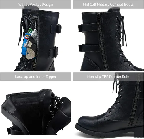 Vista 3 de Vepose Botas de combate militares de 28 a media pantorrilla para mujer con bolsillo tipo billetera para cuchillo de tarjetas