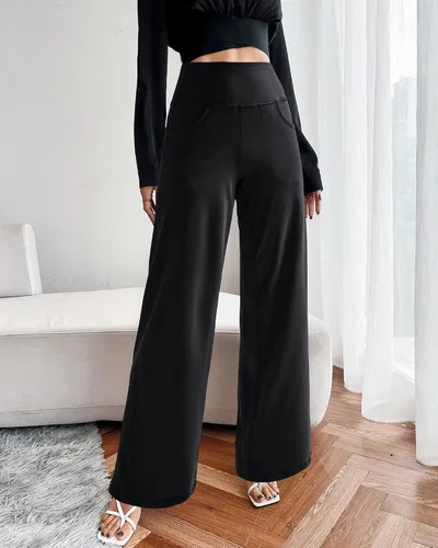 Vista 4 de Promover Pantalones de yoga de pierna ancha para mujer, pantalones holgados y cómodos con bolsillos, pantalones elásticos de cintura alta