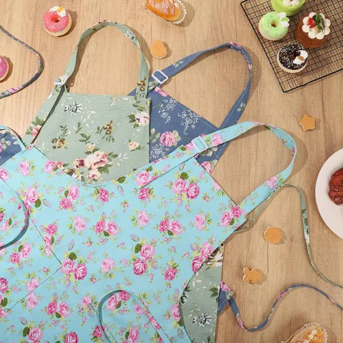 Vista 5 de Auidy_6TXD Paquete de 3 delantales florales para mujer, delantales de cocina ajustables con 2 bolsillos, delantal vintage con diseño floral de rosa