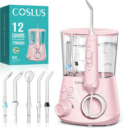 Vista 8 de COSLUS Irrigador Dental Avanzado: 2 Modos y 12 Ajustes de Presión Eléctrico para Ortodoncia, Aparatos, Encías Sensibles - Uso Doméstico, 5 Puntas