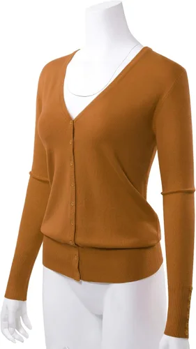 Vista 3 de Allsense Suéter de manga larga para mujer, ligero, con botones, suave, de punto sólido con cuello en V