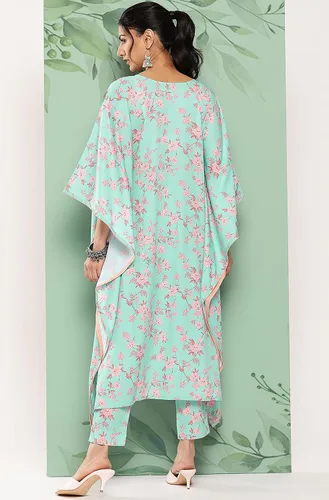 Vista 7 de Janasya Kaftan indio con estampado digital de crepé verde mar con pantalones para mujer