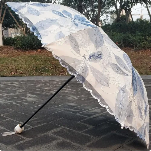 Vista 4 de URAWESO Parasol bordado encaje protección UV hoja impresa paraguas plegable para playa, viajes, boda, fiesta, decoración sesión de fotos
