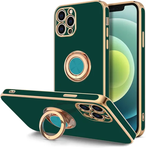 Vista 18 de Hython Funda para iPhone 12 Pro Max con Soporte de Anillo [Soporte Magnético Giratório de 360°] [Forro de Microfibra Suave] Borde Chapado en Oro