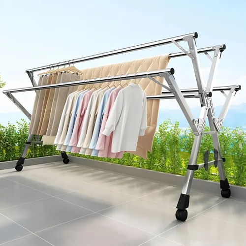 Vista 6 de Estante de secado de ropa ajustable de 5 bares, soporte plegable de acero inoxidable con ruedas bloqueables, extensible de 59 a 94.5 pulgadas