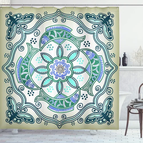 Vista 34 de Ambesonne Decor Collection, juego de cortina con ganchos para regadera