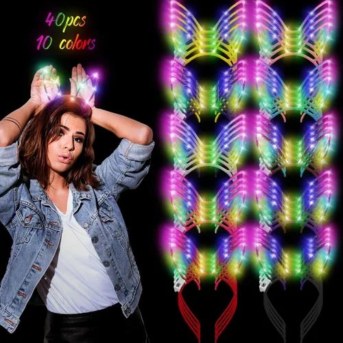Vista 2 de WILLBOND 40 piezas de diadema con orejas de conejo LED iluminadas, accesorios para el cabello para mujer, suministros de fiesta de disfraces, 10