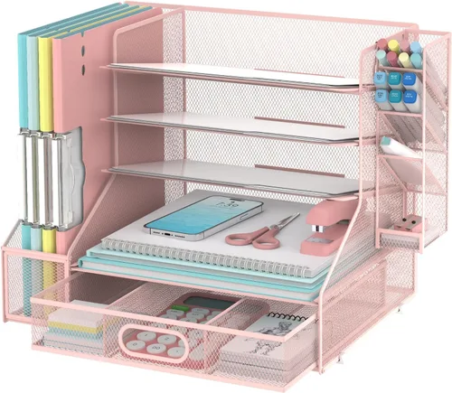 Vista 11 de SUPEASY Organizador de escritorio con soporte para archivos, organizador de bandeja de papel de malla de 5 niveles con soporte para bolígrafo y Azul