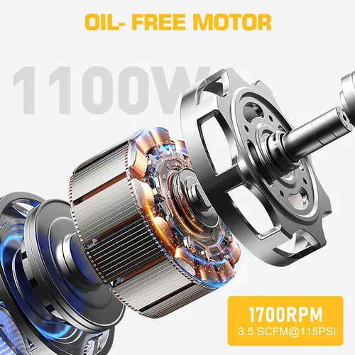 Vista 3 de Compresor de Aire Ultra Silencioso, 65dB, Sin Aceite, Acopladores Rápidos, 115PSI, Eléctrico Portátil para Neumáticos de Coche y Bicicleta, Pistola