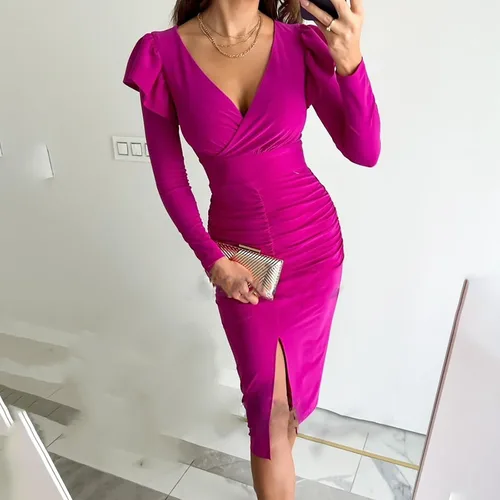 Vista 9 de Vestidos formales para mujer corte bajo, ajustado, vestido dividido volantes y manga cóctel, vestido fiesta cintura