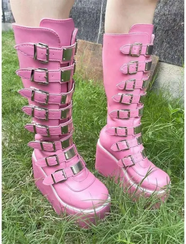 Vista 25 de Parisuit Botas góticas altas hasta la rodilla con hebilla de plataforma para mujer, tacón alto grueso, con cordones, botas de combate punk, con Negro