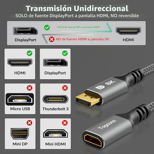Vista 2 de Adaptador DisplayPort a HDMI de 8K, unidireccional DP 1.4 macho (fuente) a HDMI 2.1 hembra (pantalla), conector DP macho a HDMI 8K a 60Hz, 4K a