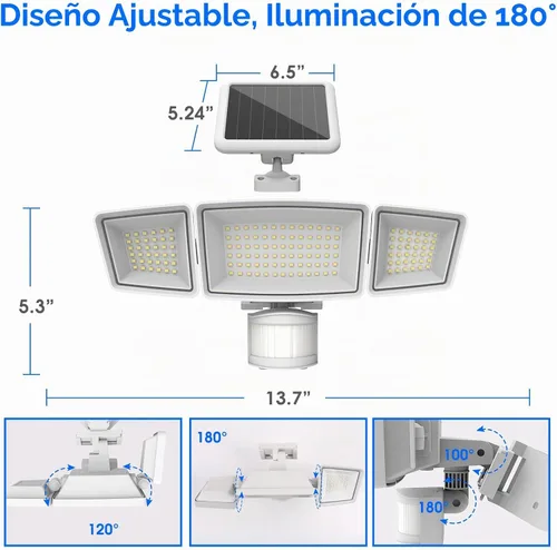 Vista 6 de Energetic - Luces solares para exteriores, 1800 lm, 192 luces LED de seguridad con sensor de movimiento con control remoto, reflector impermeable