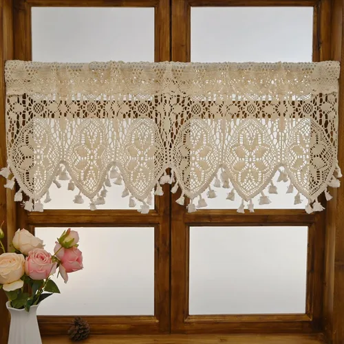 Vista 2 de Cenefa de cortina de ganchillo retro para ventana de cocina, cortinas bohemias para decoración de café, bolsillo para barra, cortinas cortas