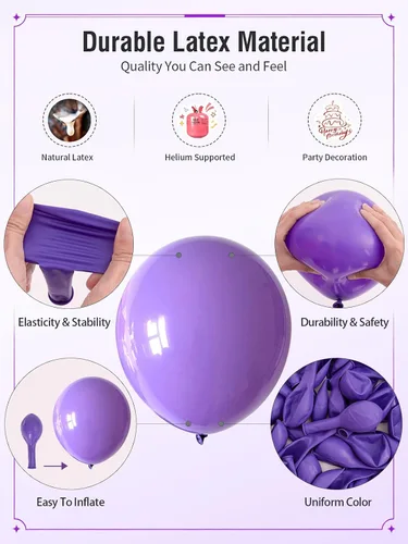 Vista 6 de Globos morados, 60 globos de látex de color morado claro y perla metálica, globos de confeti para cumpleaños, baby shower, despedida de soltera