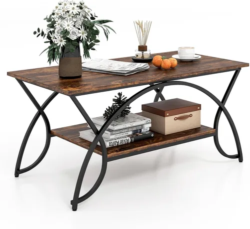 Vista 10 de GOFLAME Mesa auxiliar industrial, mesa central rectangular de 2 niveles con estante de almacenamiento, mesa decorativa con marco de metal arqueado