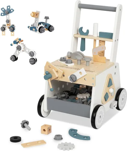 Vista 7 de 2-in-1 Wooden Baby Walker and Tool Bench with Building Play, Blue Azul