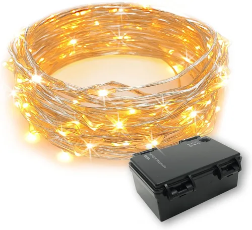 Vista 9 de Cadena de 60 luces LED RTGS, funciona con pilas con cable plateado de 20 pies de largo, para interiores y exteriores, con caja de batería Blanco