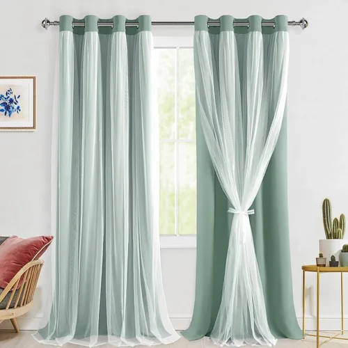 Vista 19 de Hiasan Cortinas opacas con superposición transparente, aislamiento térmico para mezclar y combinar de doble capa, cortinas de oscurecimiento de Beige