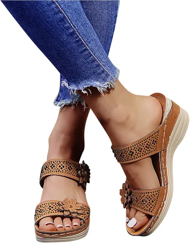 Vista 2 de Sandalias ortopédicas para mujer, pantuflas para caminar con soporte de arco, sandalias casuales antideslizantes B9# Marrón