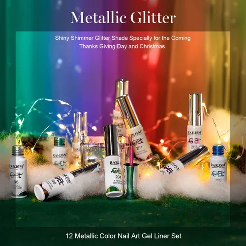 Vista 3 de RARJSM Juego de esmaltes de uñas de gel metalizados para arte de uñas, negro, plata, oro rosa, azul, verde, rojo, con brillantina, 12 colores, 0.2