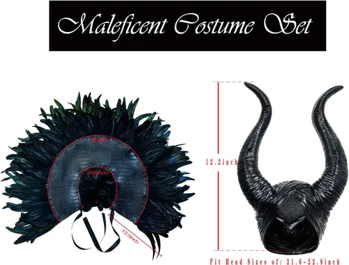 Vista 5 de L'VOW chal gótico con plumas negras y cuernos de Maleficent, disfraz de cuervo para Halloween
