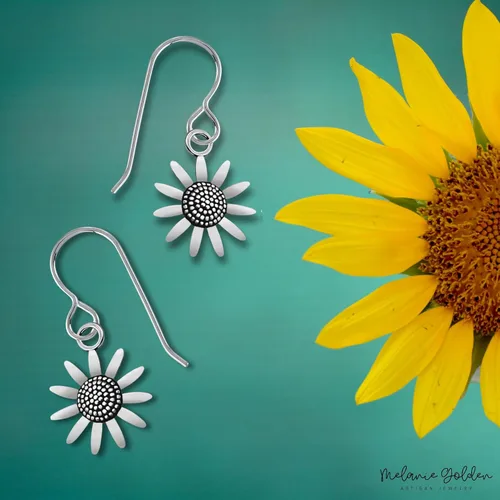 Vista 4 de Sunflower Dangle Earrings Fun Summer Earrings for Women and Girls in Sterling Silver