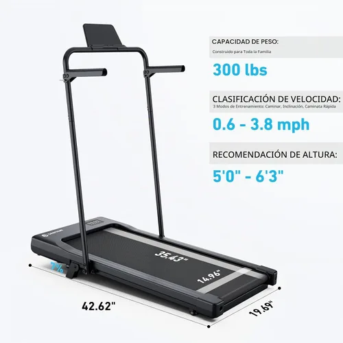Vista 4 de DeerRun Walking Pad Treadmill with Incline & Handle Bar Negro sólido