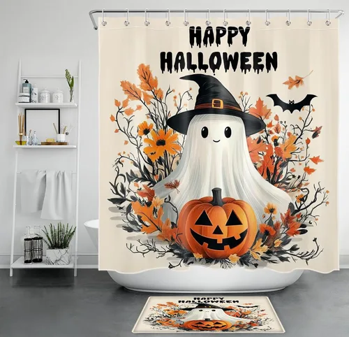 Vista 34 de HVEST Cortina de ducha con ganchos, calabaza espeluznante y fantasma con sombrero de bruja negro, juego de cortina de ducha naranja con flores
