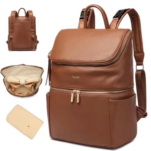 Vista 7 de Mochila de cuero para pañales para mujer con múltiples bolsillos, compartimento para laptop y cambiador.