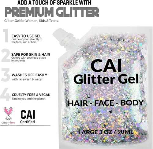 Vista 9 de Gel de purpurina para rostro, cuerpo y cabello, purpurina de Halloween para niños y mujeres, gel de grado cosmético de 3 onzas con luna y estrellas