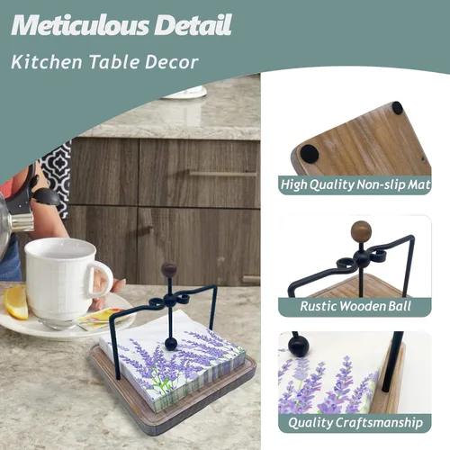 Vista 4 de Servilletero de madera rústica para mesa, decoración de mesa de cocina de granja, servilletero plano con brazo y asa con peso para el hogar, cocina