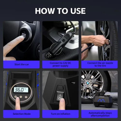 Vista 6 de Inflador de neumáticos, compresor de aire portátil, bomba de aire para neumáticos de automóvil, cable de 9.84 pies, bomba automática de 12 V CC
