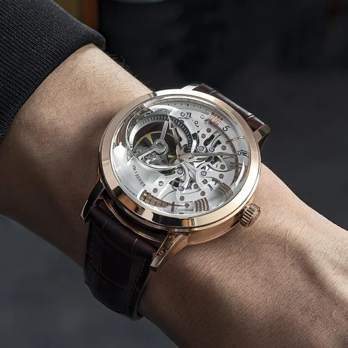Vista 2 de Relojes de oro rosa de lujo para hombre, esfera esquelética, relojes automáticos, correa de cuero VM-1