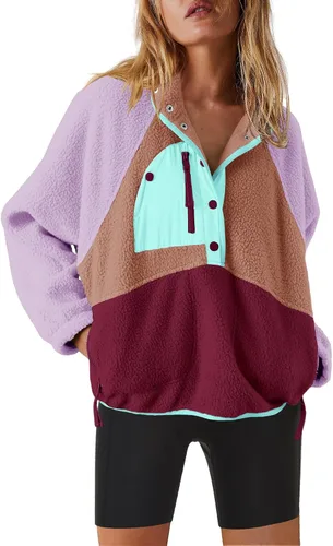 Vista 16 de Nirovien - Chaqueta de forro polar con capucha para mujer, manga larga, sherpa, sudadera mullida, abrigada, con botones y bolsillos Un rosa