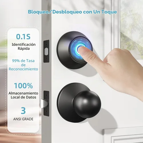 Vista 3 de Cerradura de Puerta de Entrada sin Llave de Huellas Dactilares, Cerraduras de Cerrojo Inteligentes con Control de App