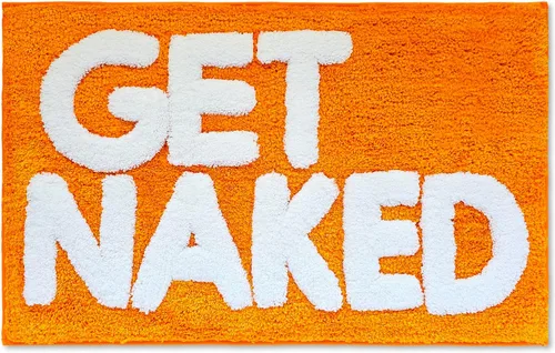 Vista 8 de New Mungo Alfombra de baño con texto en inglés «Get Naked», color negro, con letras blancas para decoración de apartamentos, divertida alfombra