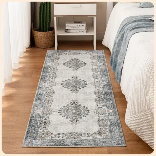 Vista 361 de Istana Alfombra larga antideslizante de 2.5 x 8 para el hogar, para pasillo y cocina, lavable, sedosa y suave al tacto, elegante, color azul y marfil