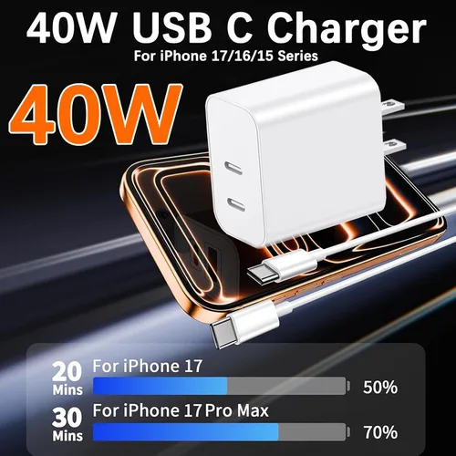 Vista 2 de Cargador de 40 W para iPhone 17 de carga rápida, paquete de 2 bloques de carga de pared USB C de doble puerto con cable USB C a USB C de 6 pies