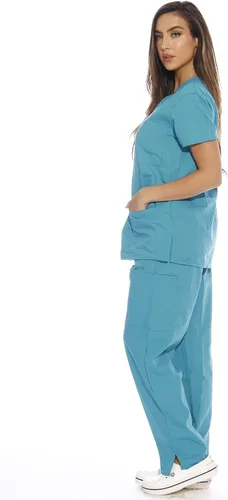 Vista 2 de Just Love - Conjunto de ropa quirúrgica de seis bolsillos, para mujer (cuello de pico y pantalón cargo)