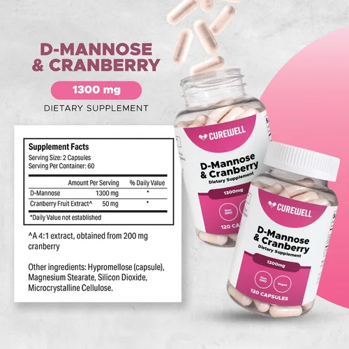 Vista 5 de D-manosa y arándano 1300 mg – 120 cápsulas veganas D-manosa con extracto de arándano Suplemento de apoyo para el tracto urinario y la vejiga
