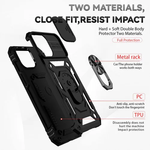 Vista 6 de Funda compatible con iPhone 13 de 6.1 pulgadas, funda magnética con funda para cámara y soporte, grado militar, a prueba de golpes, material de PC