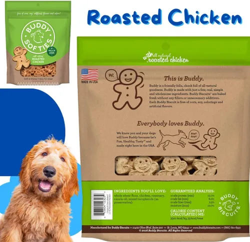 Vista 5 de Buddy Biscuits - Paquete variado de golosinas para perros, 6 onzas, incluye pollo, tocino y queso, mantequilla de maní y carne de res a la parrilla