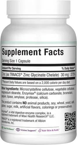 Vista 2 de Suplementos de zinc – Zinc 30 mg con Enzymax – Apoyo inmunológico de mayor potencia – Cápsulas de glicinato de zinc quelado – Vitamina de zinc
